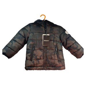 DKNY Boys Camo Reversible Sherpa Hood Puffer Zip Pocket Jacket 3T NWT $120 MSRP